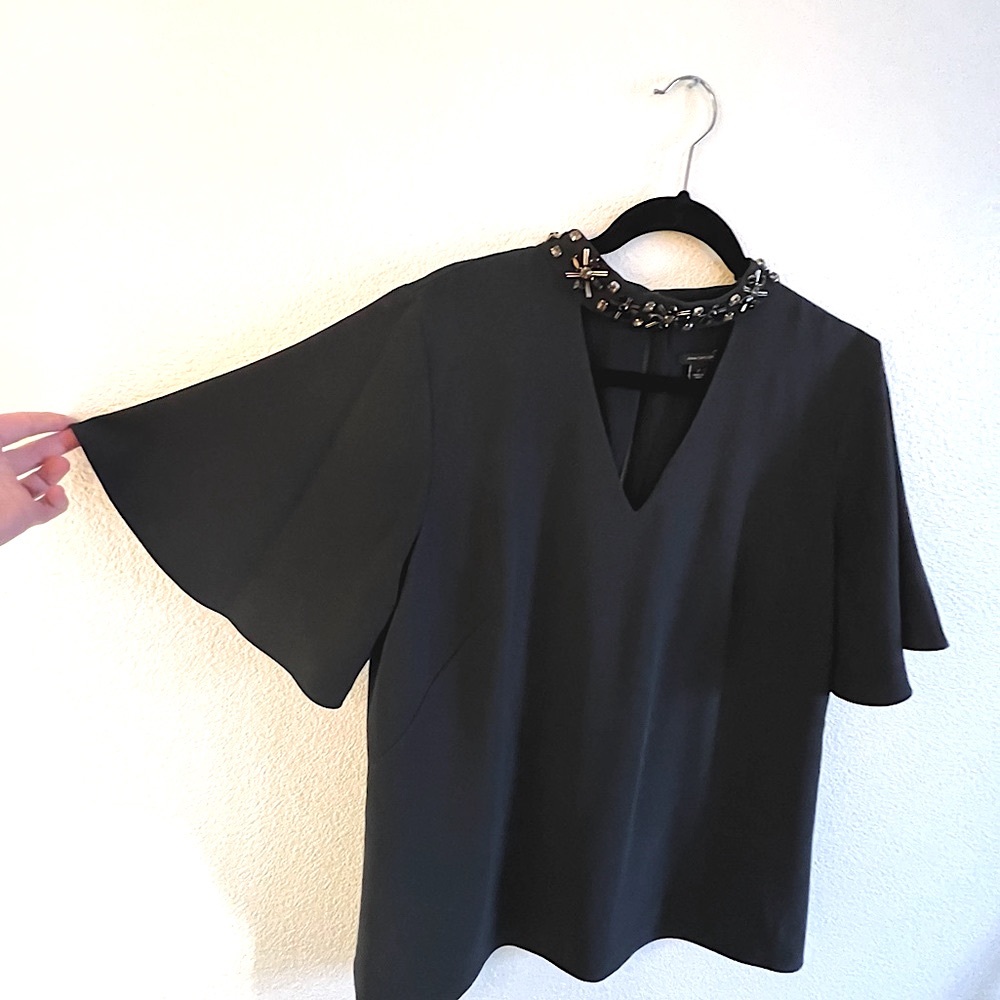 Ann Taylor festive black lined v-neck top with embellished collar (S 12)